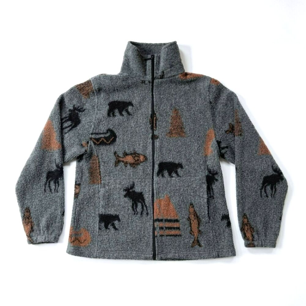 Vtg Bear Ridge Outfitters Bear Moose Fish Fleece Jacket L Wool Blend Cabincore